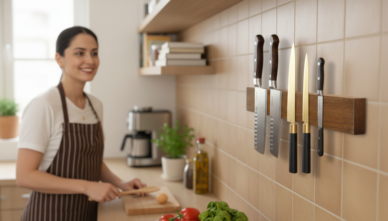 Close-up of Chazrt magnetic knife holder with knives mounted on wall