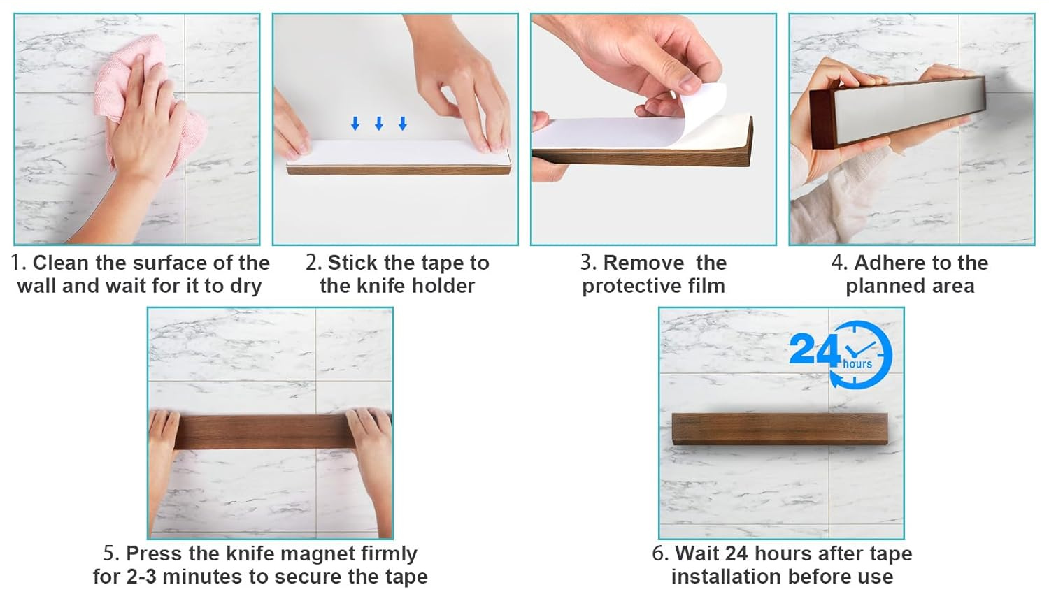 Adhesive installation guide for smooth surfaces - clean, stick, press, and wait