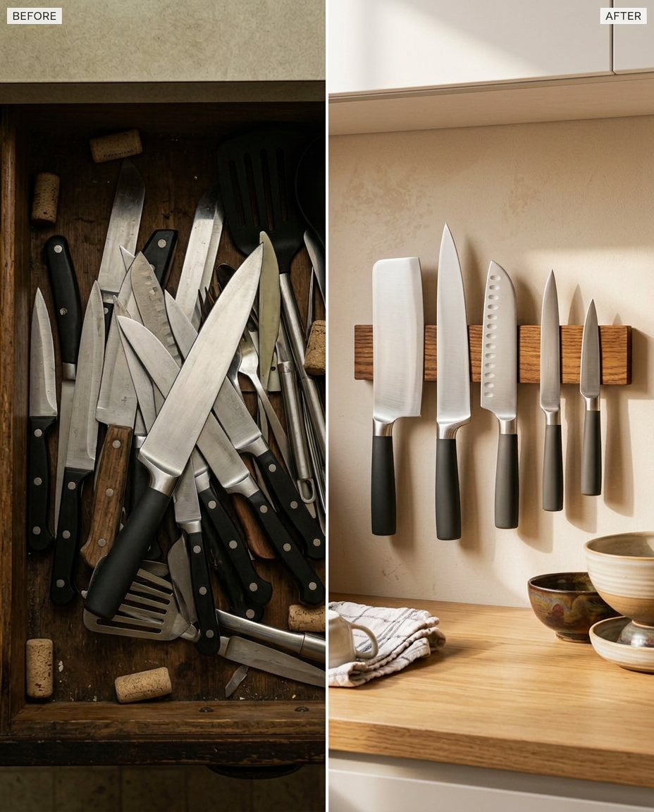 Before and after — messy knife drawer vs clean magnetic wall display. Same knives. Completely different kitchen.