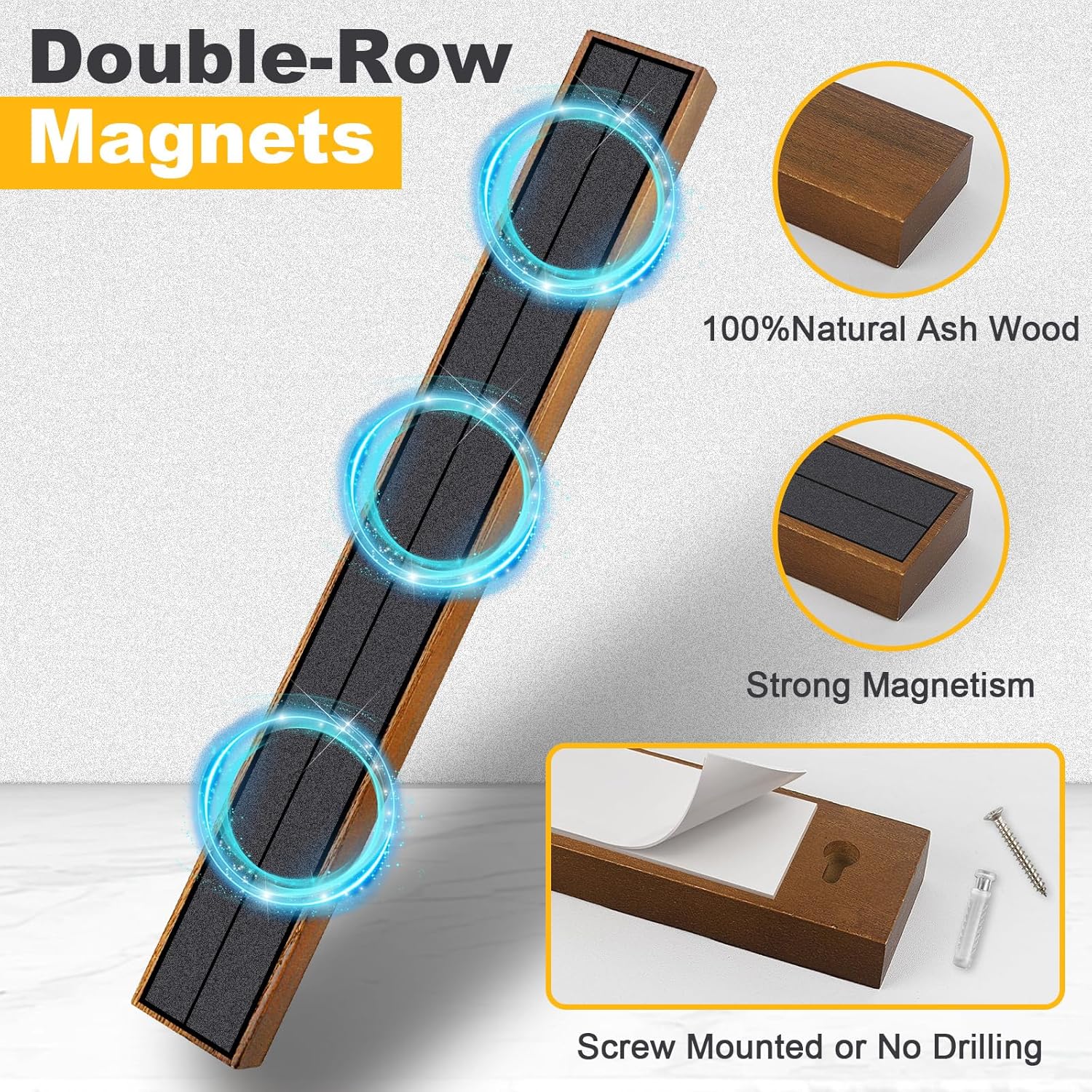 Double-row neodymium magnets in natural ash wood with dual mounting options