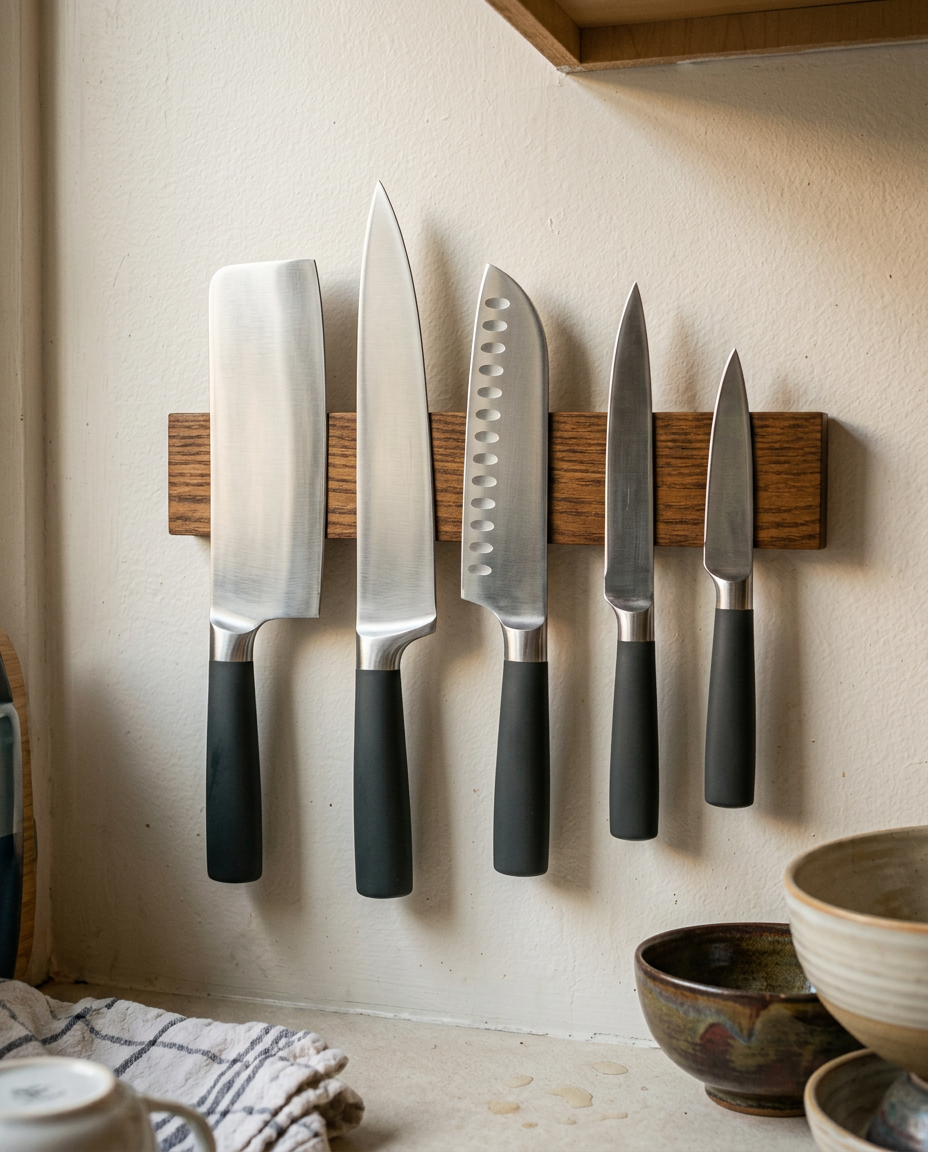 12-inch magnetic rack holding 5 kitchen knives