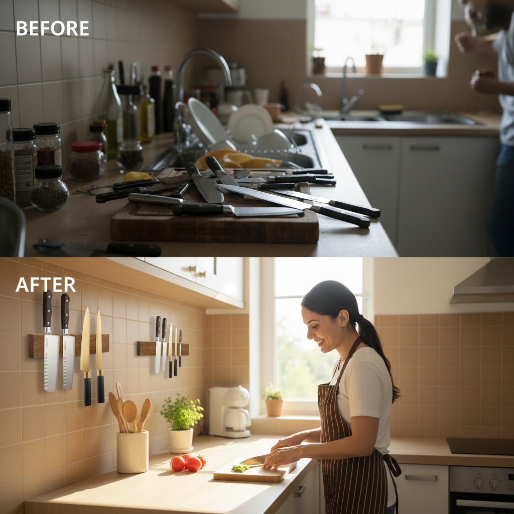 Before and after: cluttered kitchen counter transformed with Chazrt magnetic knife holder