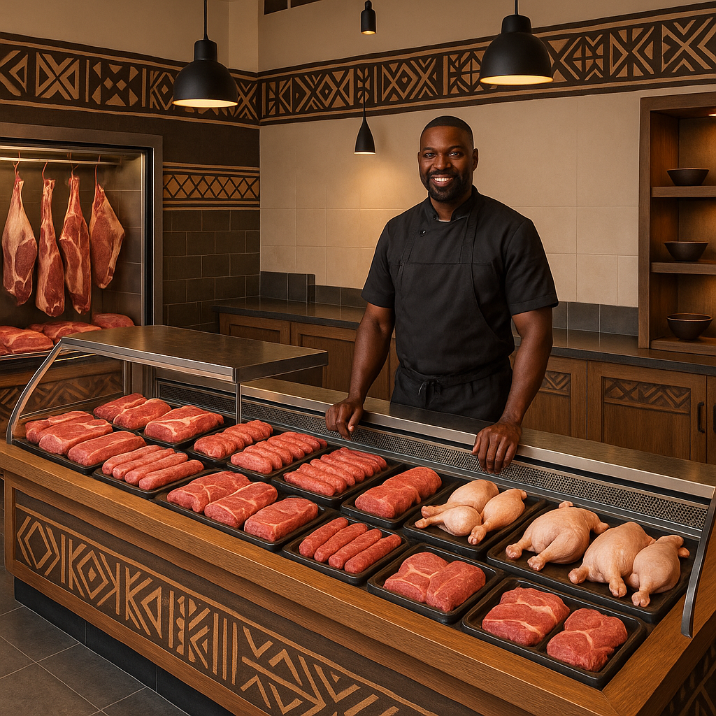 Boucher africain souriant dans sa boucherie moderne