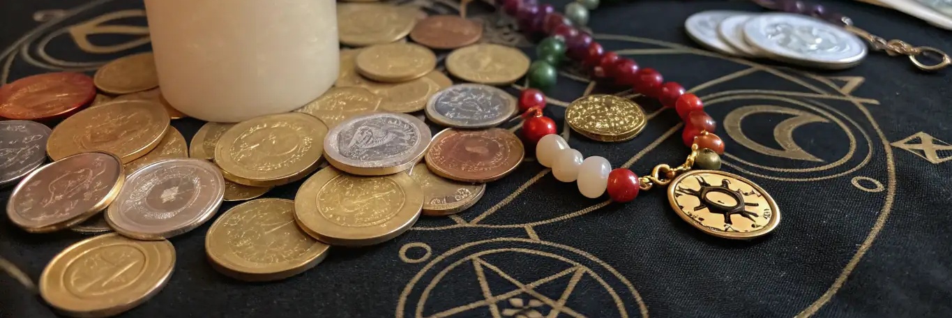 Prosperity and wealth symbols - coins, prayer beads, and spiritual items representing success and abundance