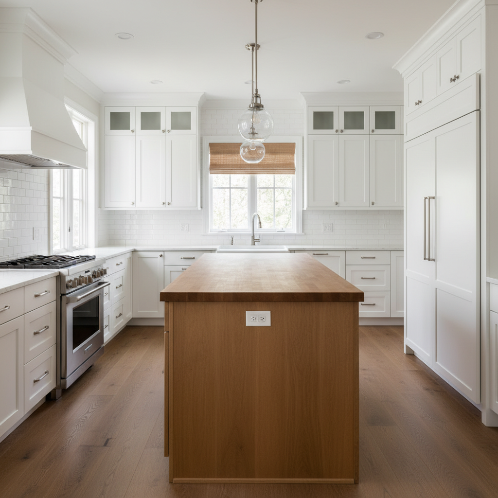 Transitional White with Warm Wood Kitchen