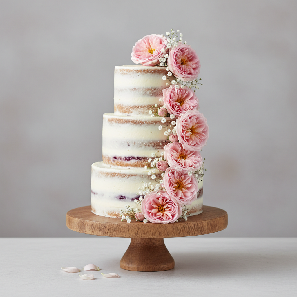 Floral 3-tier semi-naked wedding cake – Rose Naked