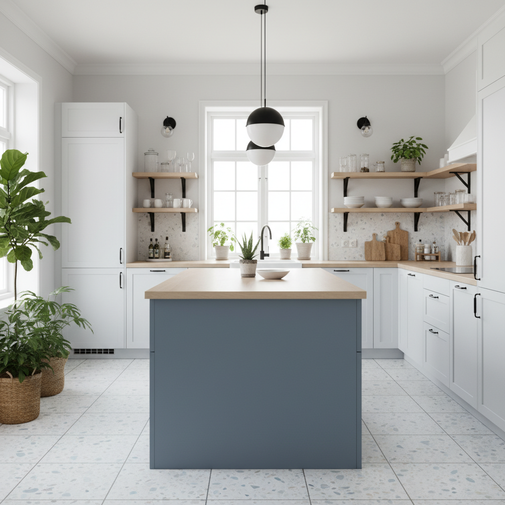Scandinavian Kitchen with Blue Accent Island