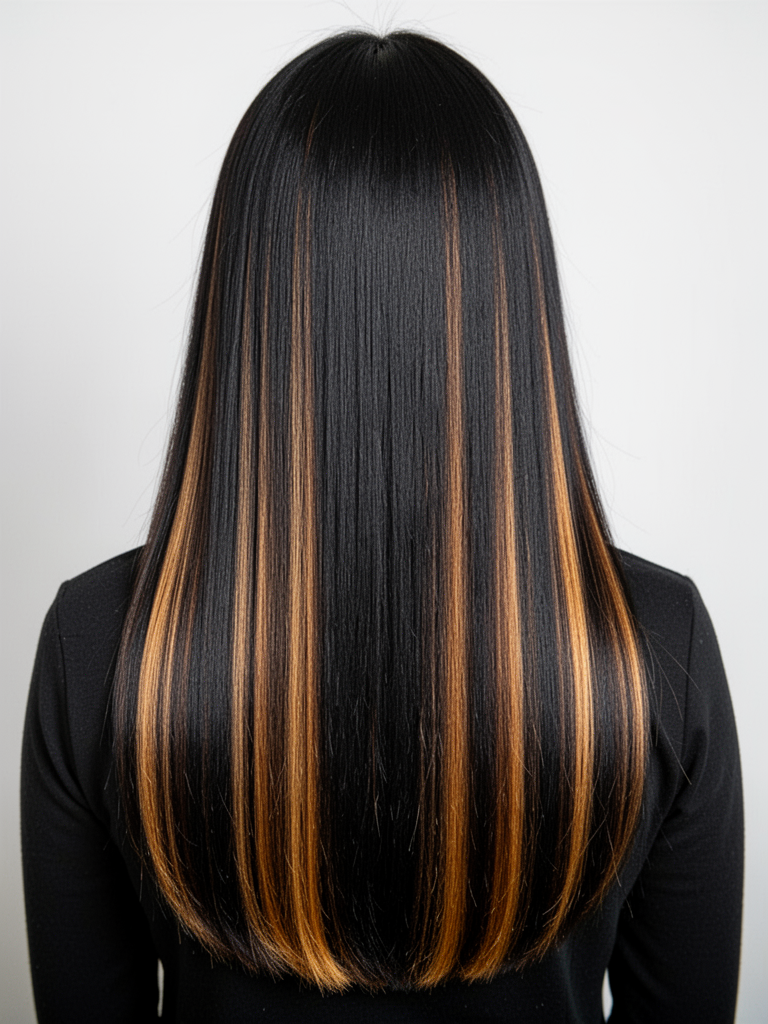 Black-hair balayage hairstyle – Honey on Black