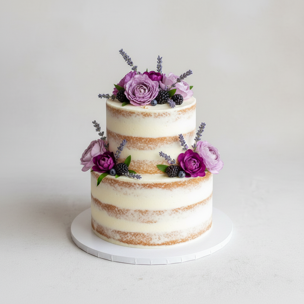 Floral 2-tier buttercream wedding cake Baltimore – Purple Bloom Semi-Naked