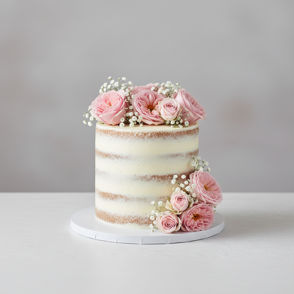 Floral 1-tier semi-naked wedding cake Baltimore – Rose Naked