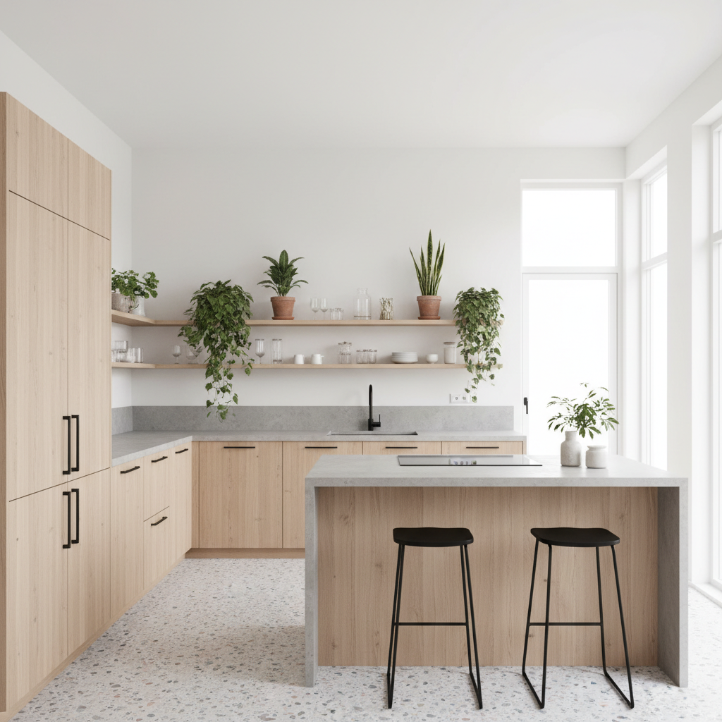 Scandinavian L-Shaped Kitchen with Light Wood Cabinets