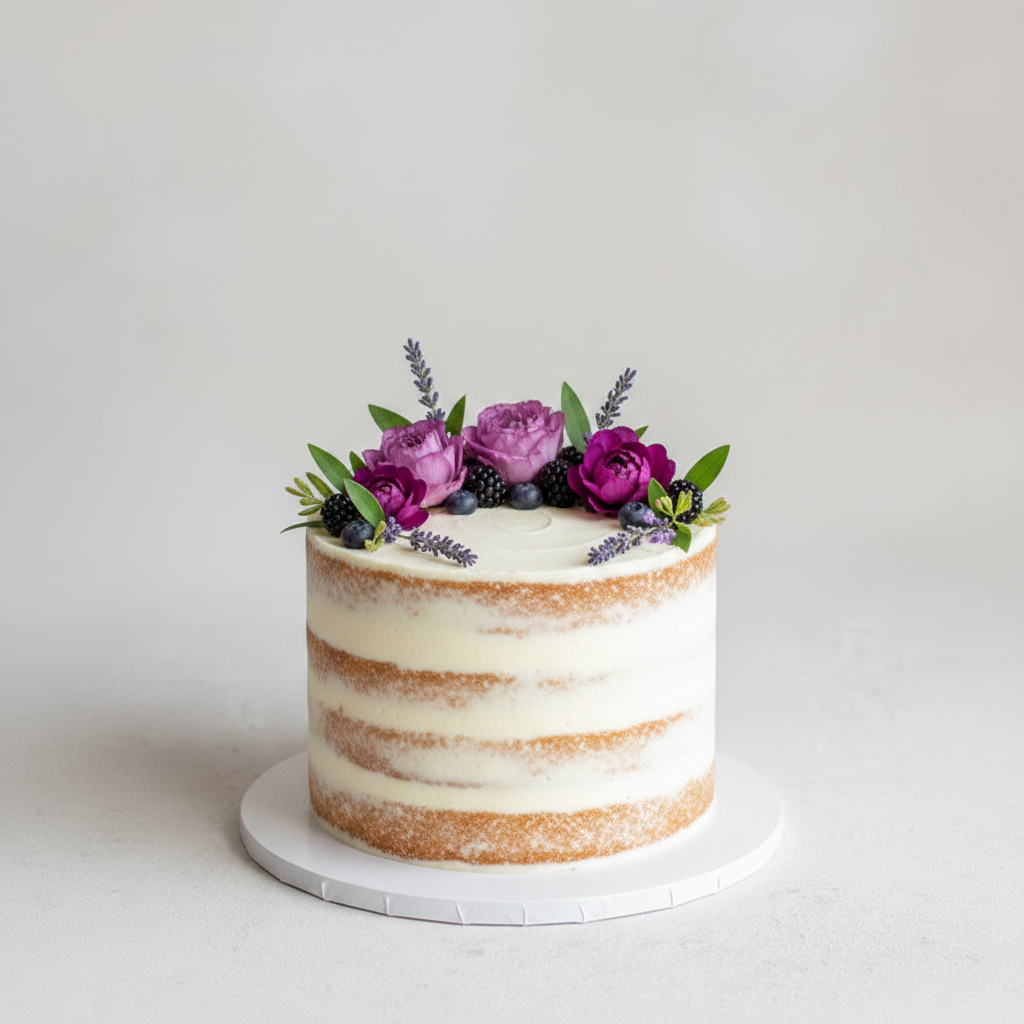 Floral 1-tier buttercream wedding cake Baltimore – Purple Bloom Semi-Naked