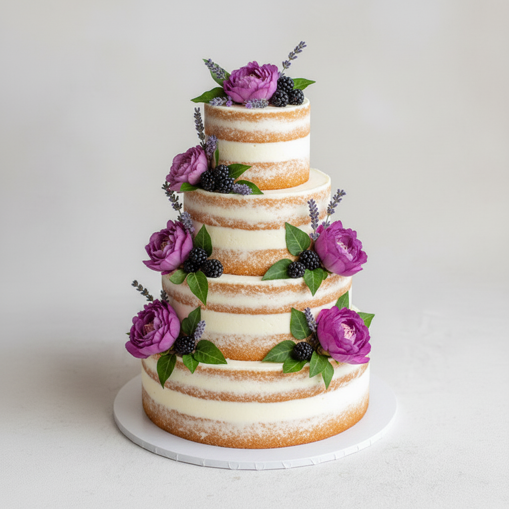 Floral 3-tier buttercream wedding cake – Purple Bloom Semi-Naked