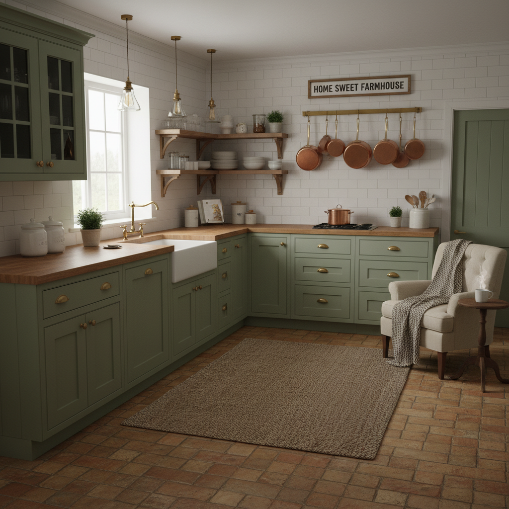 Farmhouse L-Shaped Kitchen with Sage Green Cabinets