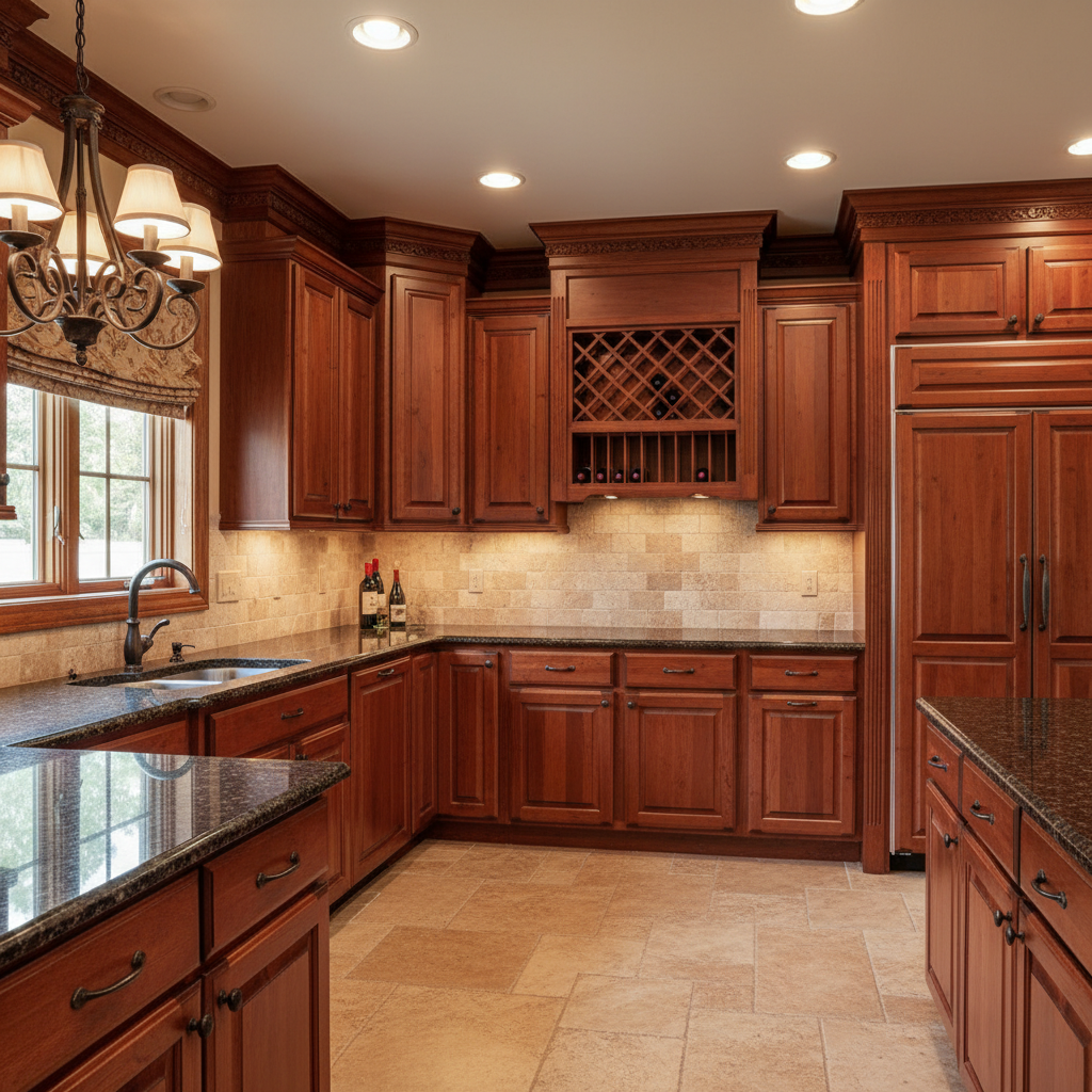 Traditional L-Shaped Kitchen with Cherry Wood Cabinets