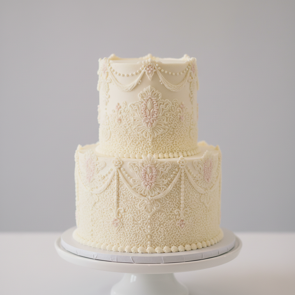 Vintage 3-tier buttercream wedding cake – Victorian Lace