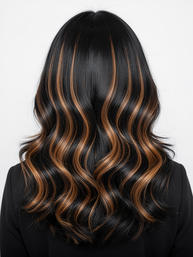 Black-hair balayage hairstyle – Chocolate on Black