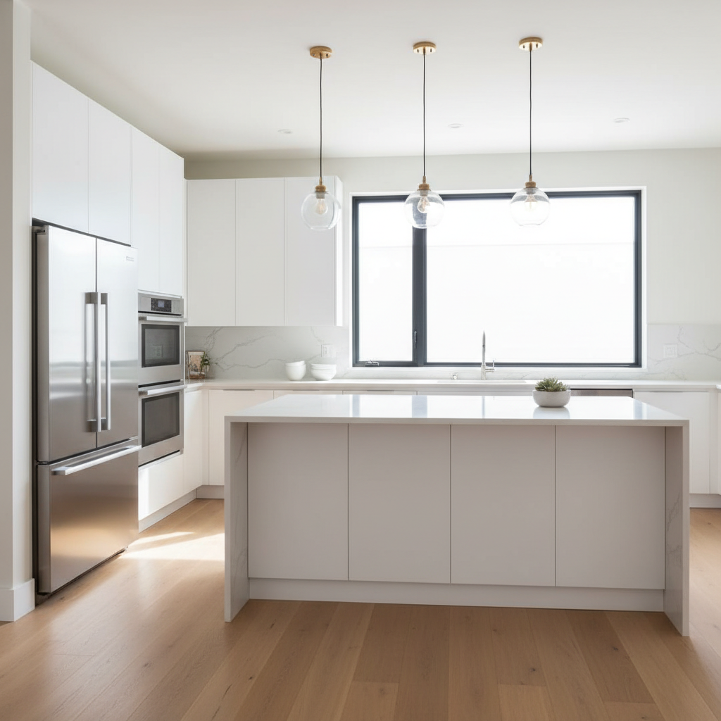 Modern White L-Shaped Kitchen with Quartz Countertops