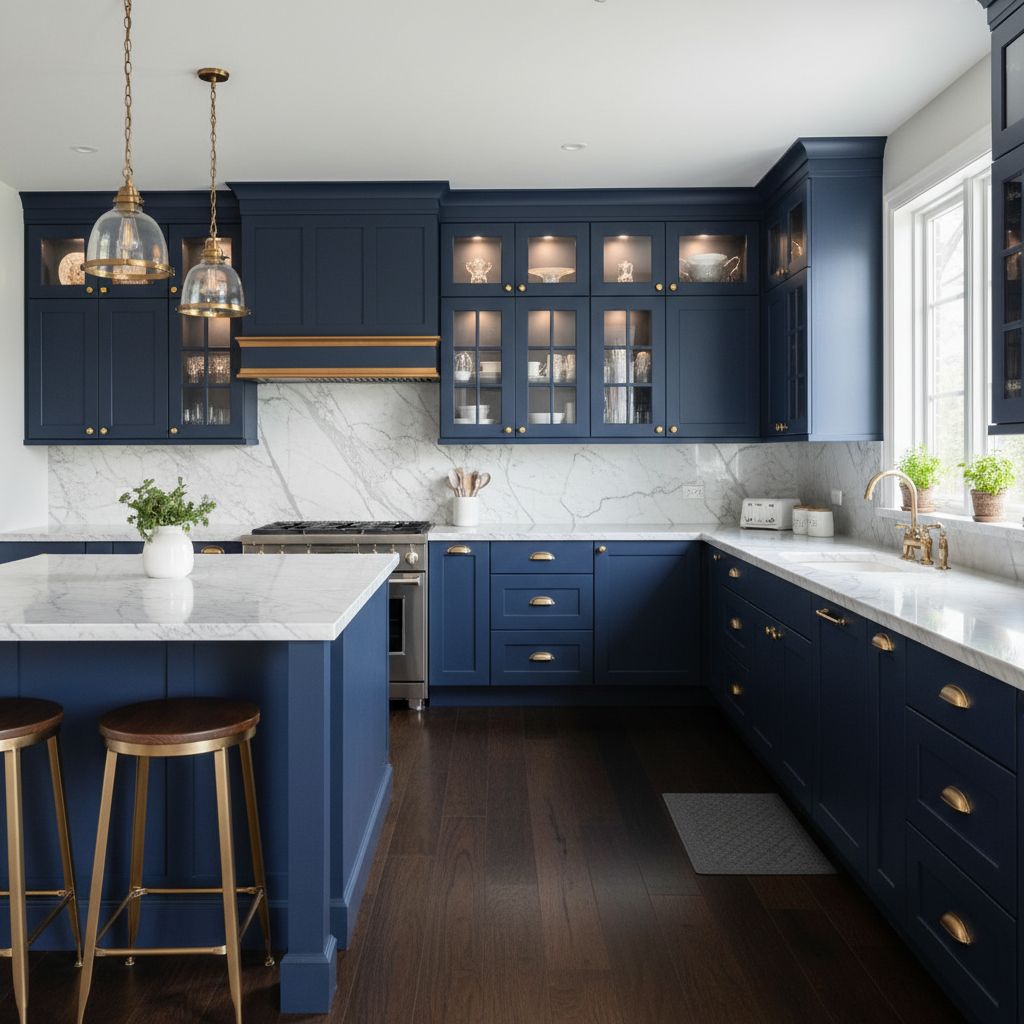 Navy Blue L-Shaped Kitchen with Marble Countertops