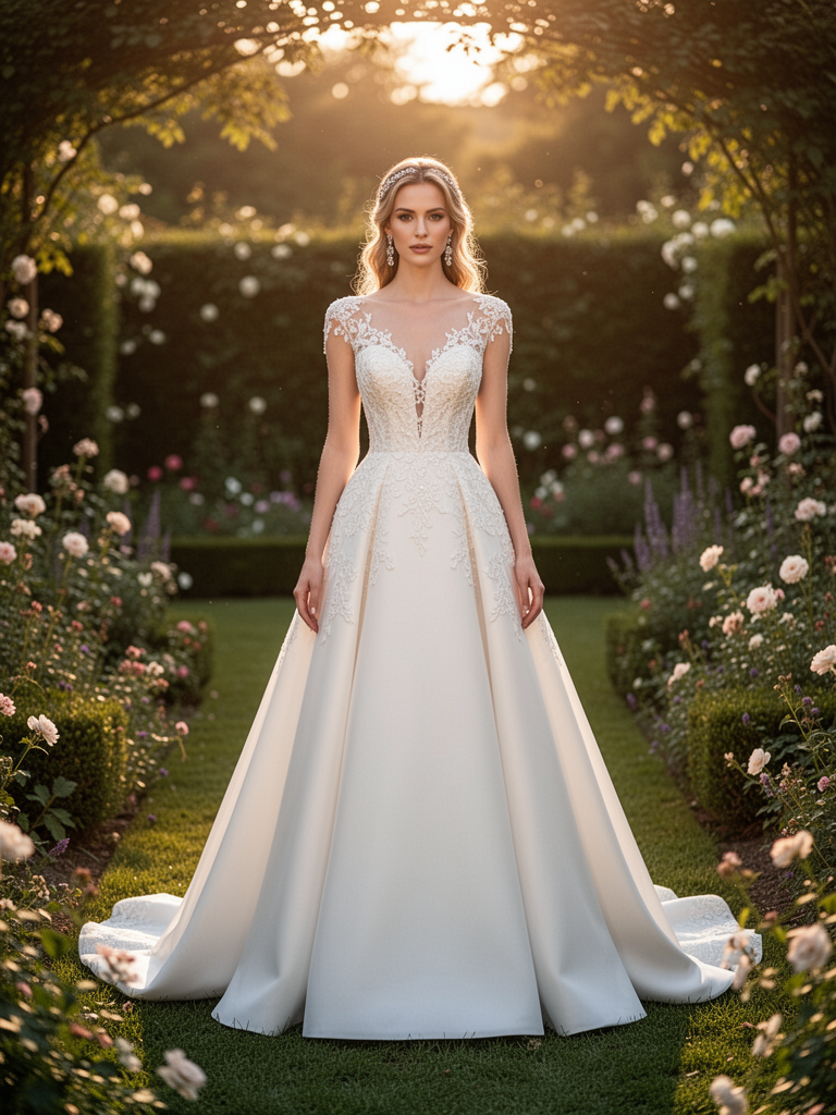 A-Line wedding dress — Universally flattering silhouette that is fitted at the top and flares out gradually.