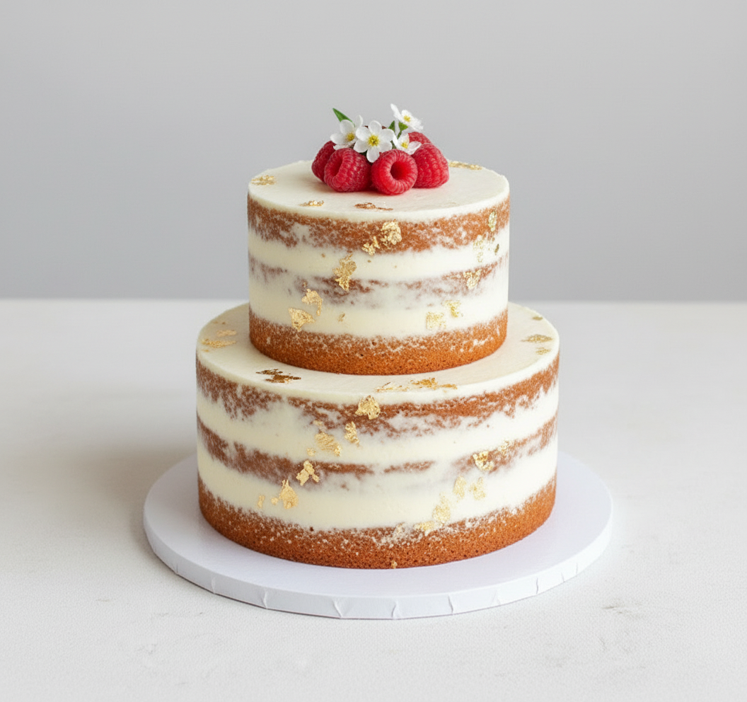 Minimalist 2-tier buttercream wedding cake Baltimore – Gold Leaf Naked