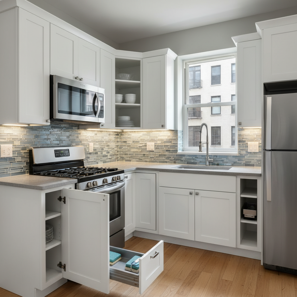 Small Compact L-Shaped Kitchen with White Cabinets