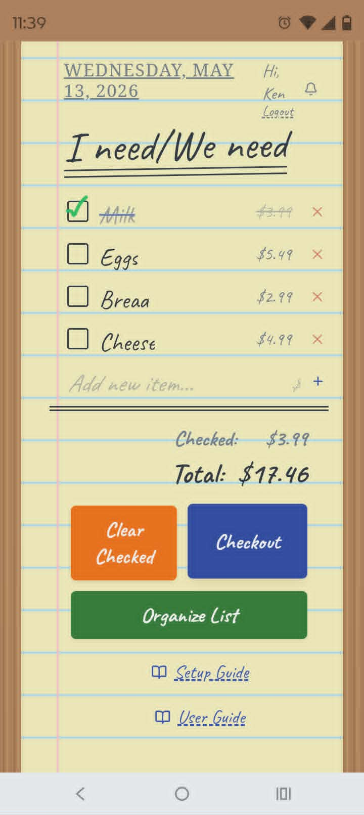 App screenshot showing the Organize List feature