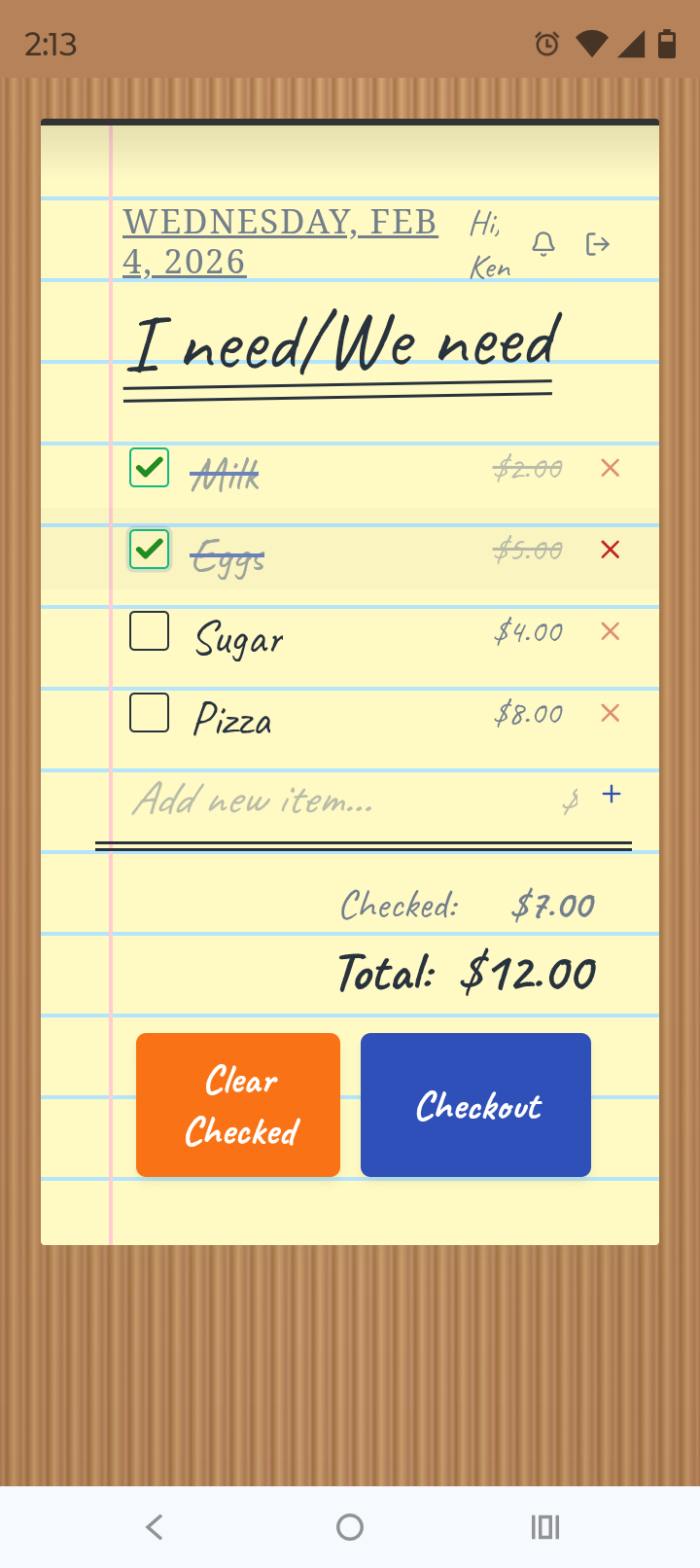 Shopping list app interface showing 'I need/We need' title with items like Milk, Eggs, Bread, and Apples with checkboxes and prices, plus Clear Checked and Checkout buttons