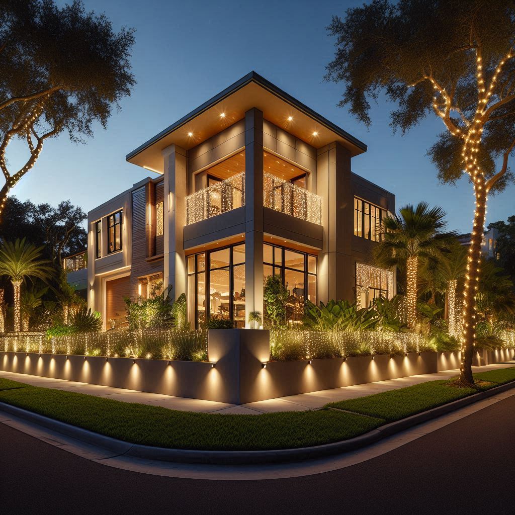Luxury modern home with comprehensive outdoor lighting featuring wrapped palm trees and landscape lighting