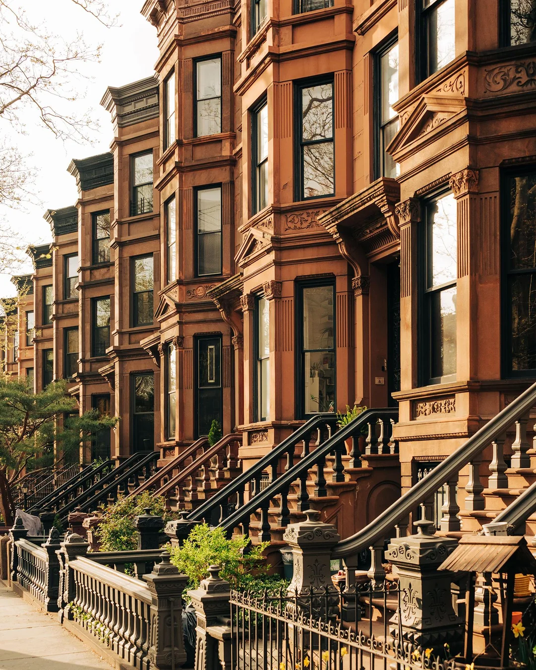 Row of Brooklyn brownstone buildings with ornate details and stoops