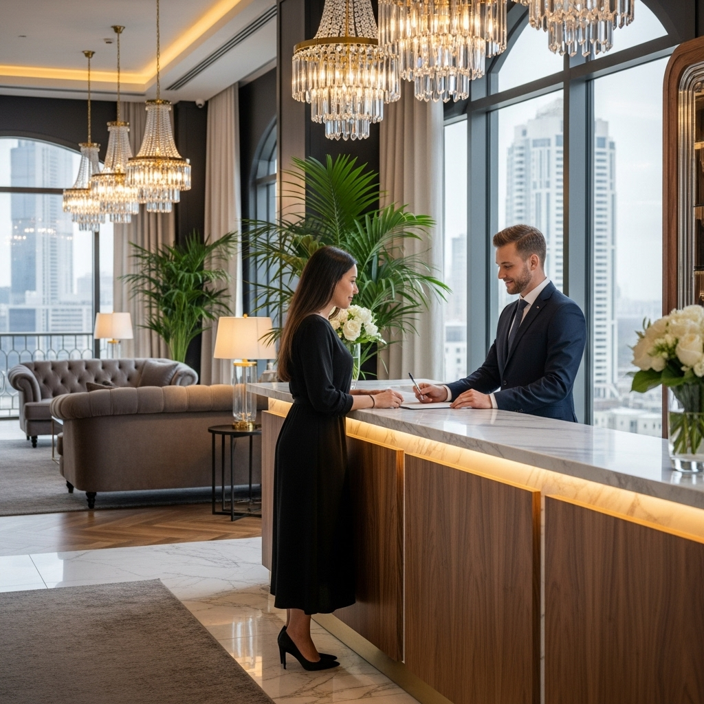 Luxury hotel lobby with professional reception service