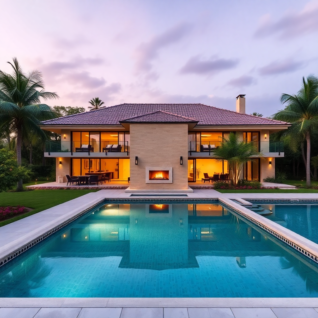 Luxury home with swimming pool, palm trees, and outdoor fireplace at sunset