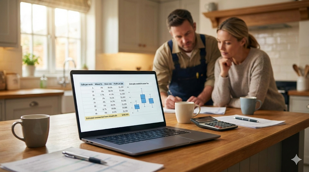 Laptop displaying a financial spreadsheet with calls per week, missed percentage, close rate, and profit calculations, with a couple reviewing documents at a kitchen table with a calculator
