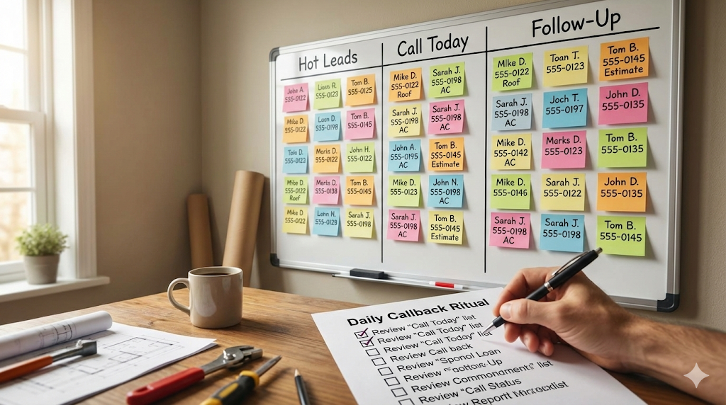 Whiteboard with Hot Leads, Call Today, and Follow-Up columns organized with sticky notes, alongside Daily Callback Ritual checklist
