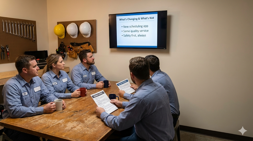 Contractor team in meeting room reviewing onboarding materials with What's Changing & What's Not presentation on screen