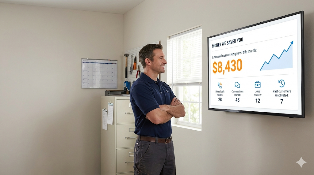Contractor viewing scoreboard displaying $8,430 in estimated revenue recaptured with metrics