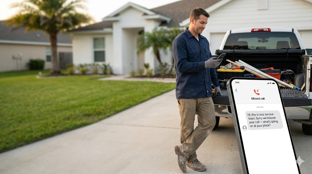 Contractor checking phone with missed call SMS notification