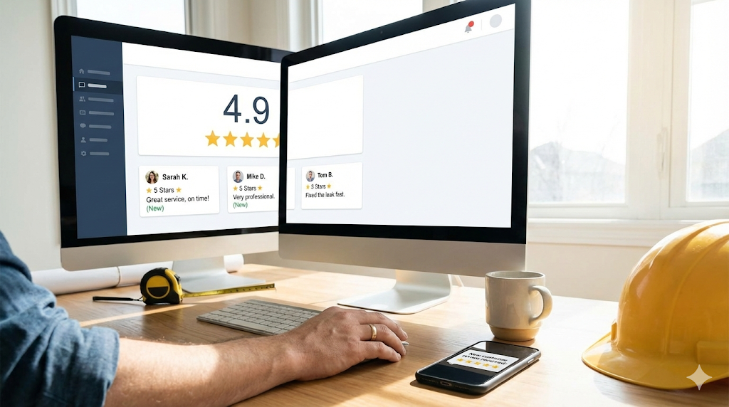 Desktop monitor displaying a 4.9 star rating dashboard with customer reviews from Sarah K., Mike D., and Tom B., with contractor tools and a yellow hard hat visible on the desk