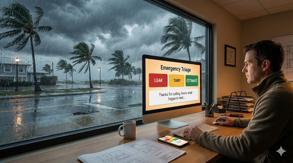 Person at their desk during a storm, viewing an Emergency Triage dashboard with LEAK, TARP, ESTIMATE buttons, with palm trees in stormy weather visible through the window