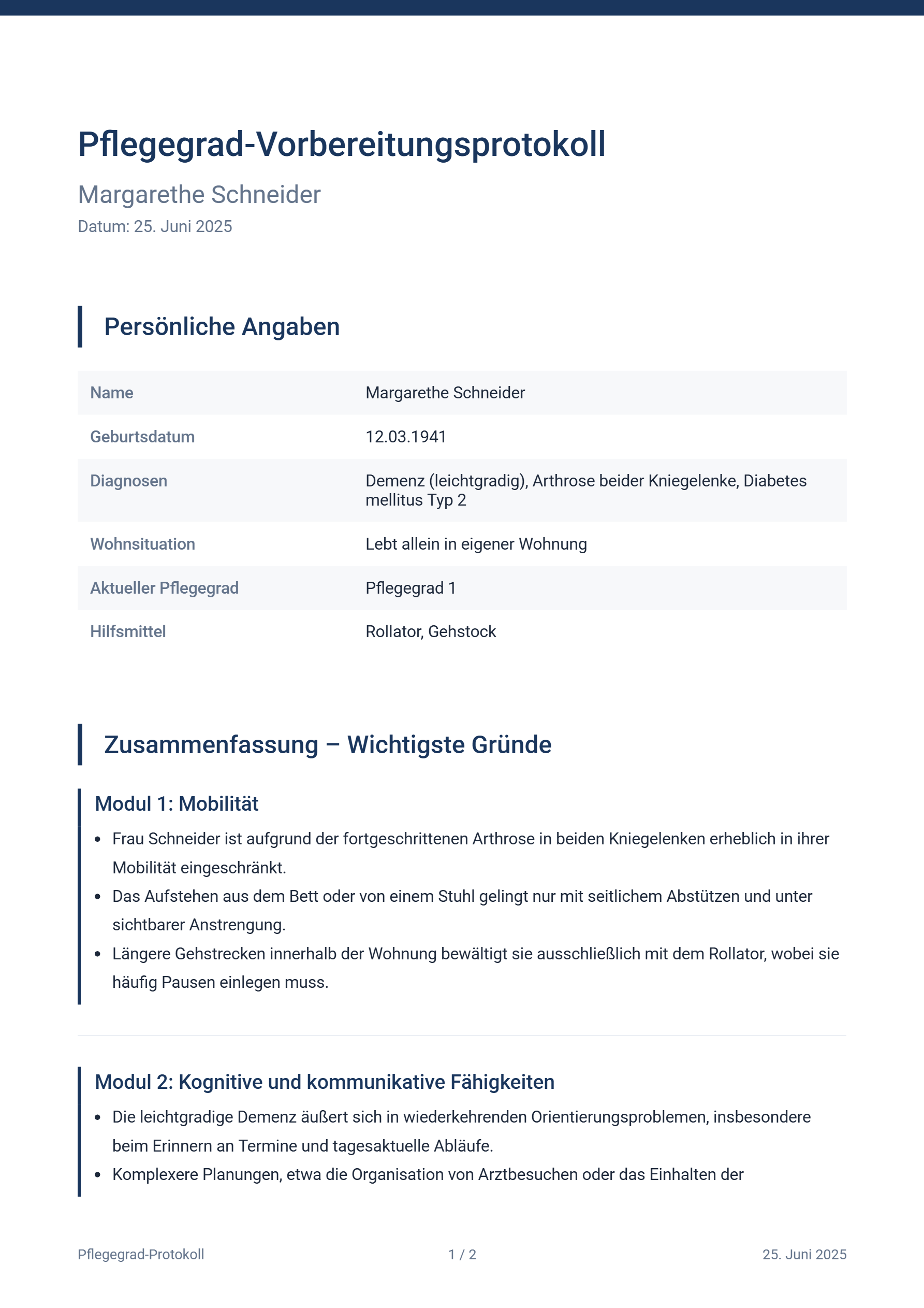 Muster-PDF des Pflegegrad-Vorbereitungsprotokolls