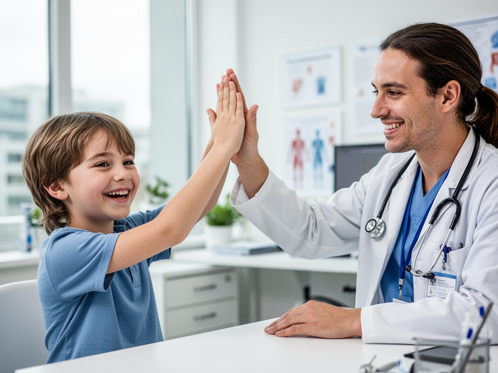 Happy child leaving clinic