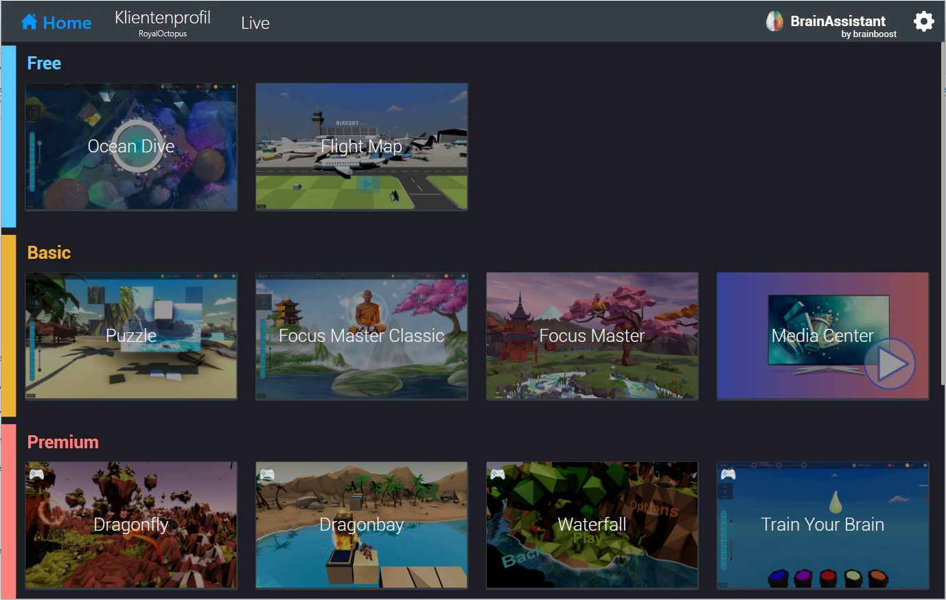 BrainAssistant Game Library showing Free, Basic, and Premium tiers