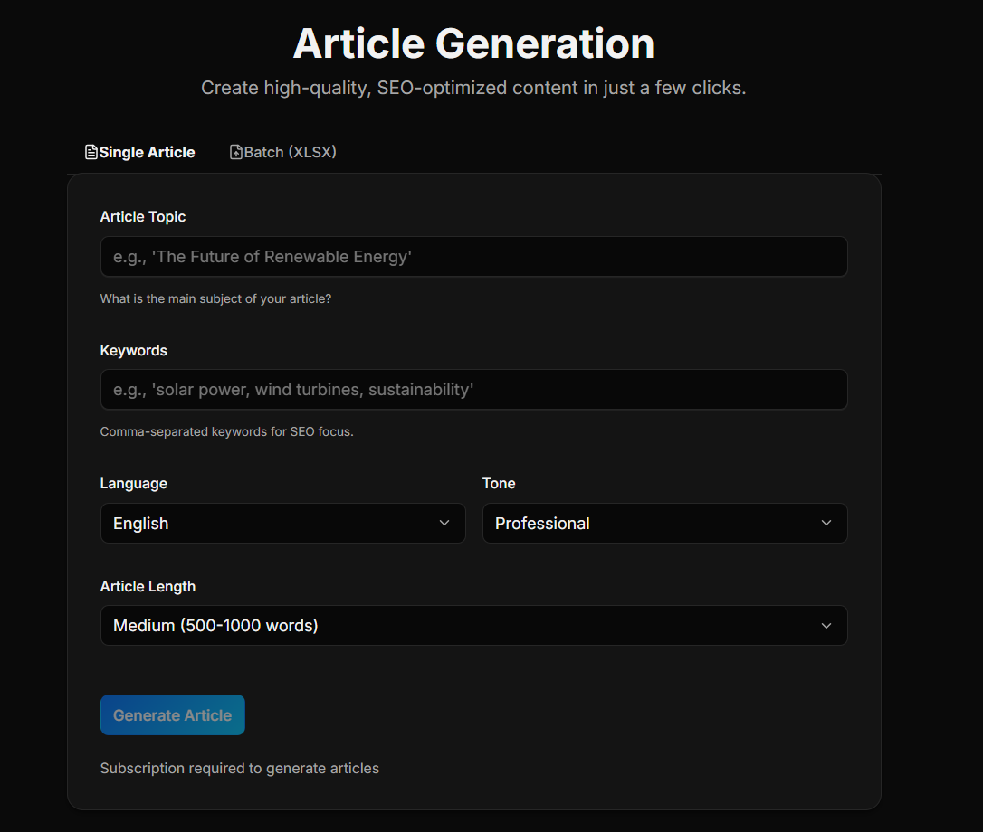 Article generation interface showing SEO content creation tools