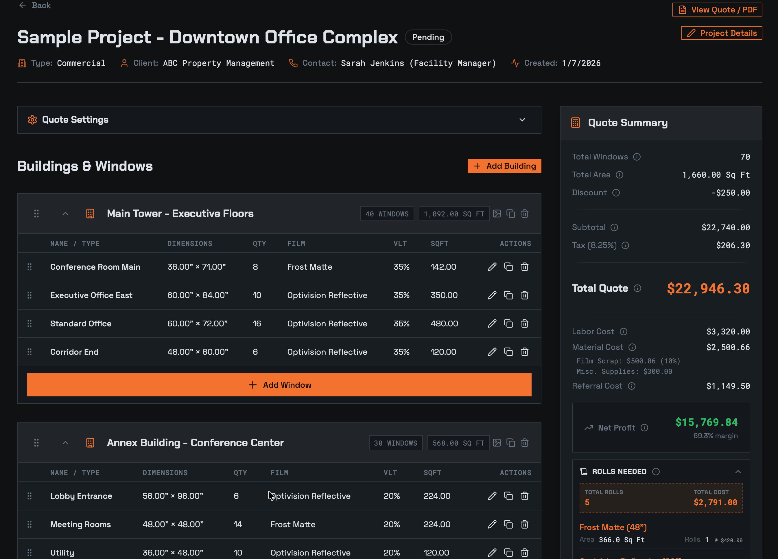 Flat Glass Pro app interface showing project quoting