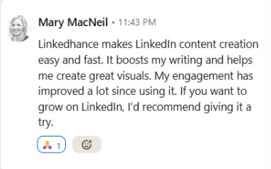 Mary MacNeil testimonial about LinkedIn content creation tools