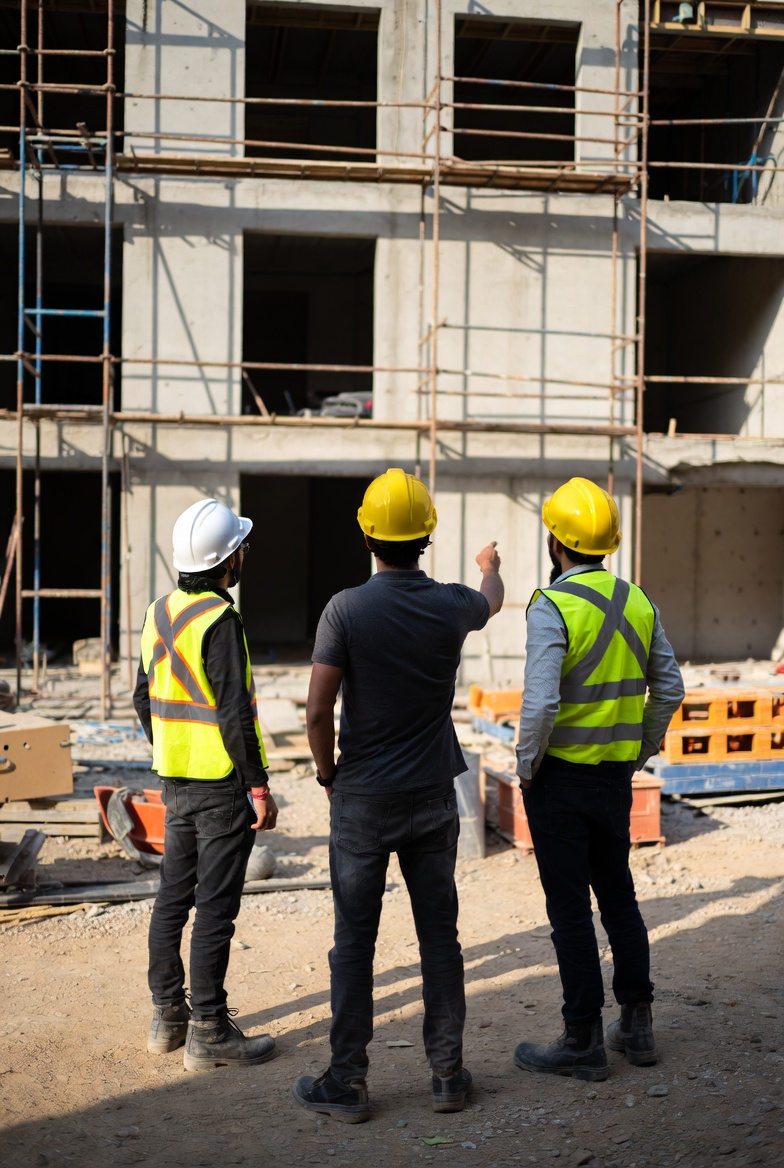 Contractors reviewing construction project on site