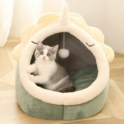Adorable cat resting in a cozy pet bed