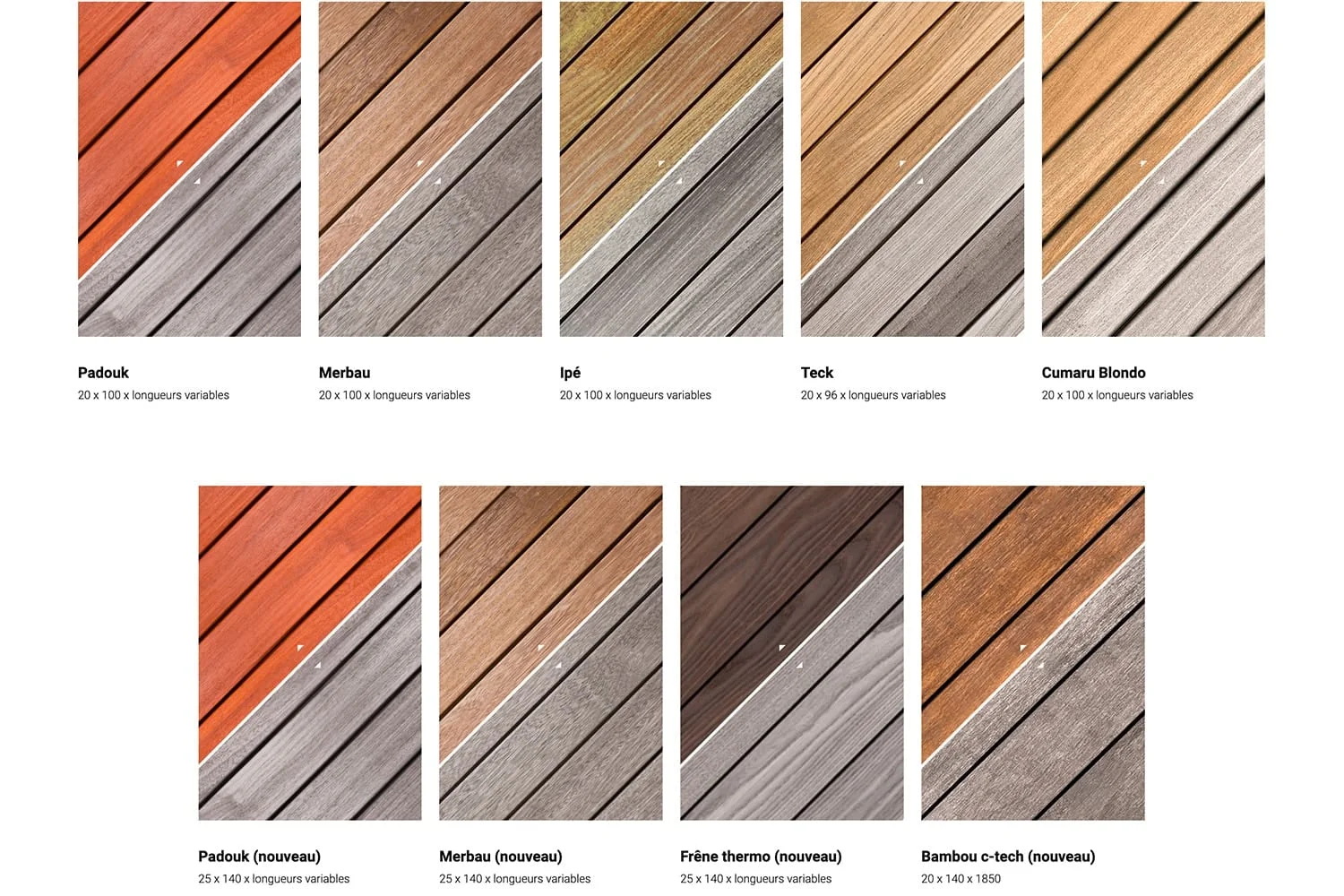 Nuancier bois Vetedy Softline – Padouk, Merbau, Ipé, Teck, Cumaru Blondo, Frêne thermo, Bambou c-tech