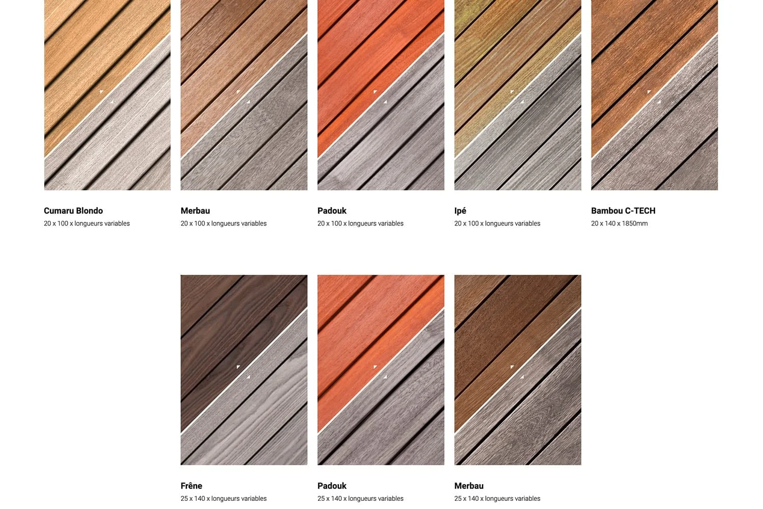 Nuancier bois Vetedy Technideck – Cumaru Blondo, Merbau, Padouk, Ipé, Bambou C-TECH, Frêne