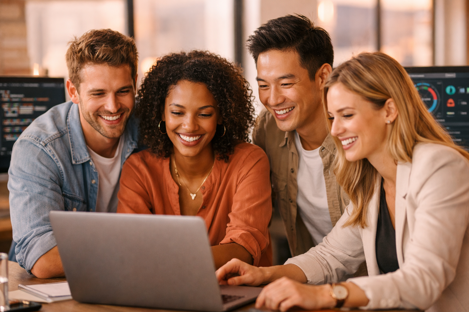 Diverse team of professionals collaborating around a laptop